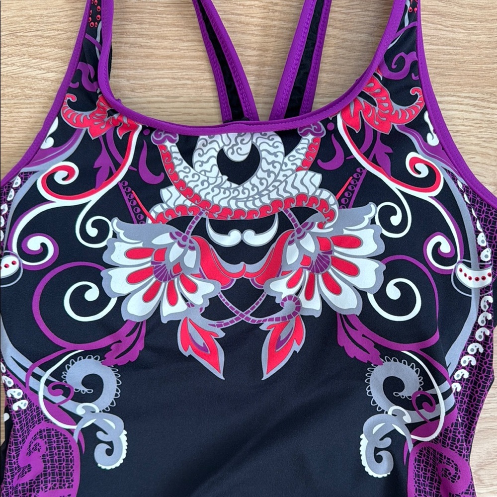 Athleta Purple Black Pink Print Adjustable Ruched Tankini Swim Top Built In Bra - Picture 4 of 9